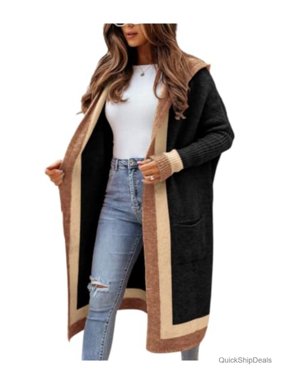 Oversized Hooded Long Cardigan Sweater with Pockets Striped Knit